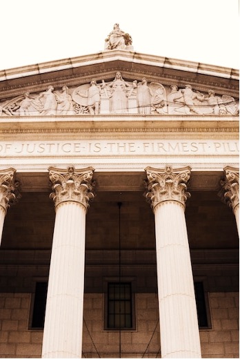 The front of a neo classical courthouse